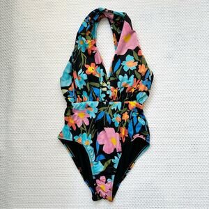 Swim RX Black Multi Floral Plunging Neck Twist Back High Waist One Piece Swim S